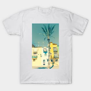 Retro faded image row of pastel colored terrace style traditional Mediterranean homes T-Shirt